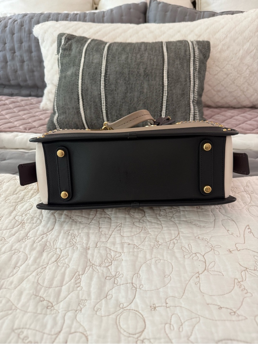 Coach Taupe and Black Leather Satchel with Gold Hardware - Picture 6 of 14